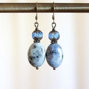 Artisan Blue Mottled Stone Crystal Glass Drop Earrings Silver Tone Fishhook G7